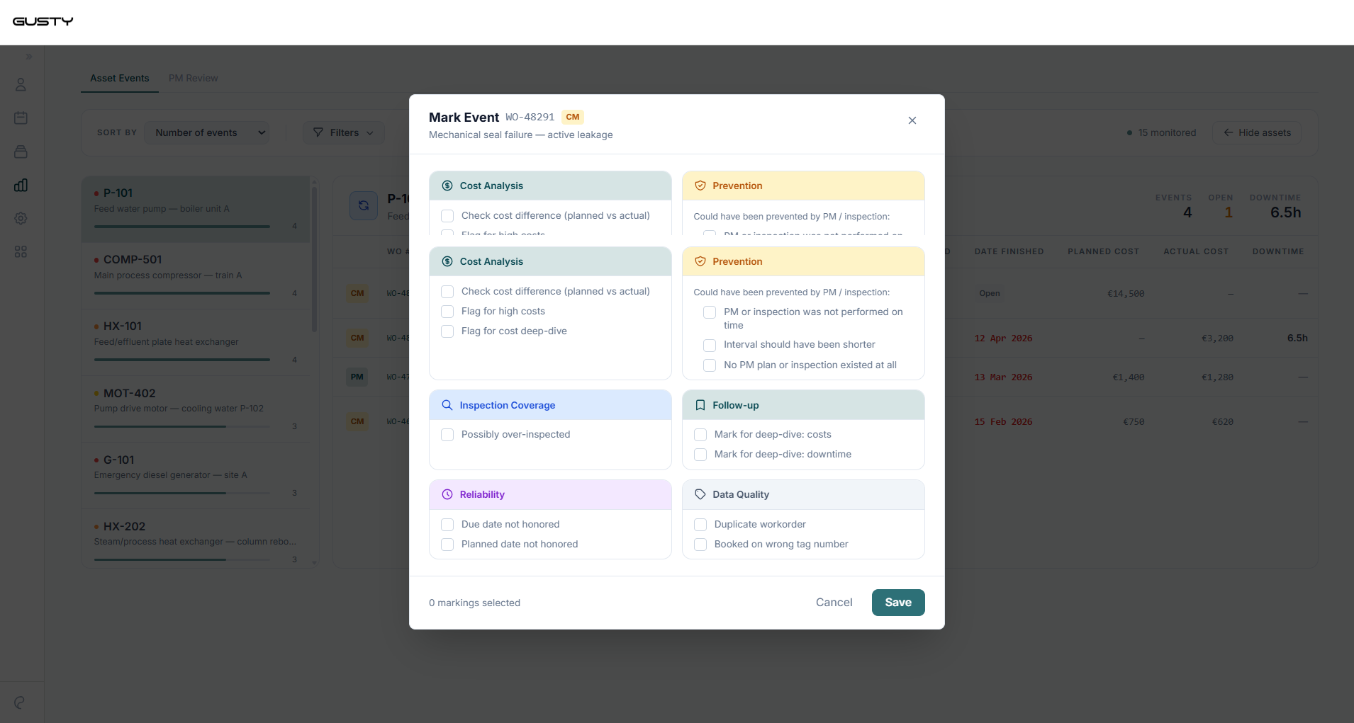 Mark Event dialog on a corrective workorder with markings for cost, prevention, inspection coverage, follow-up, reliability and data quality